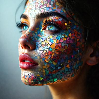 The primary subject of the image is a woman with a face painted with a colorful pattern, resembling a mosaic or a kaleidoscope. The setting is a room with a window, and the visual style appears to be a combination of a photo and digital art. The colors and mood of the image are vibrant and lively, with the woman's face being the main focus of the scene.